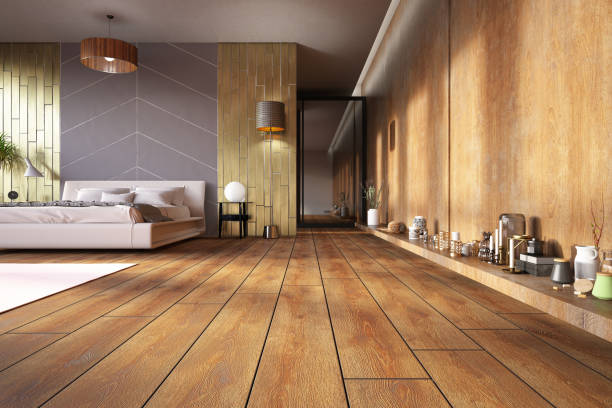 Modern Wooden Bedroom Design. 3d Render